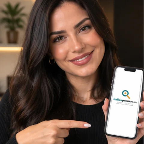 A Ana sorrindo e apontando para a logo do site no celular